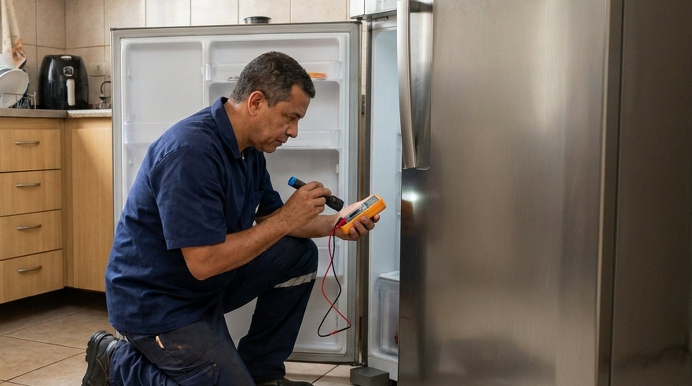 Técnico medindo a parte elétrica com a porta da geladeira aberta em Cascavel‑PR
